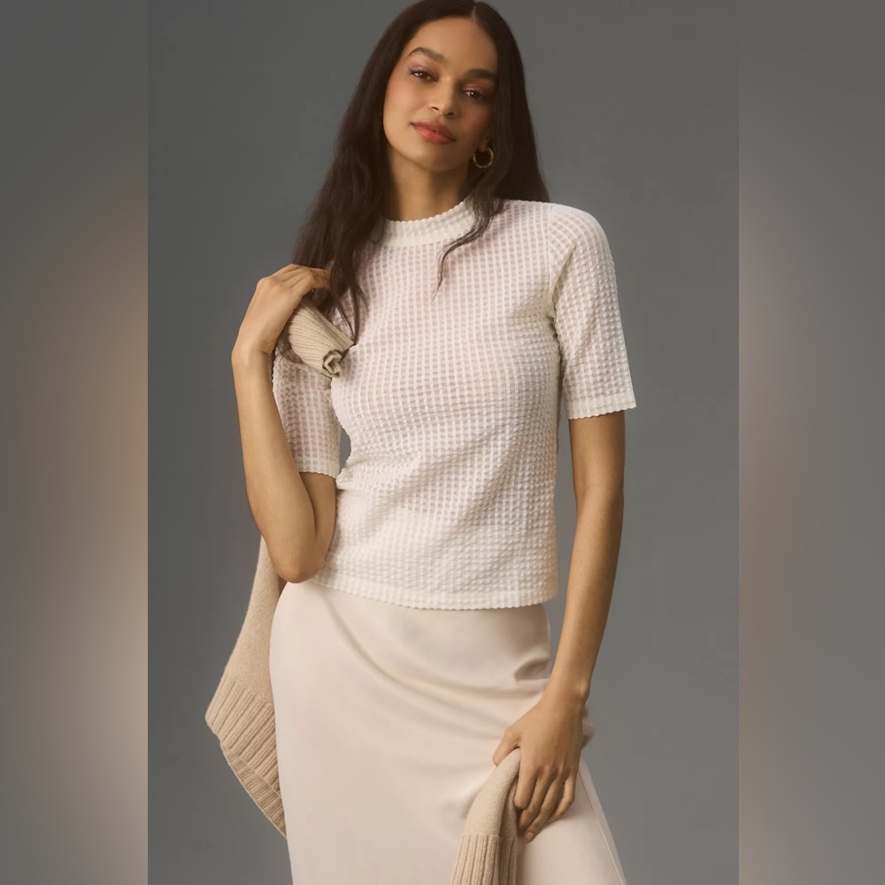 Anthropologie Maeve Sheer Neutral beige Mesh Mock-Neck Top Medium - Picture 2 of 10